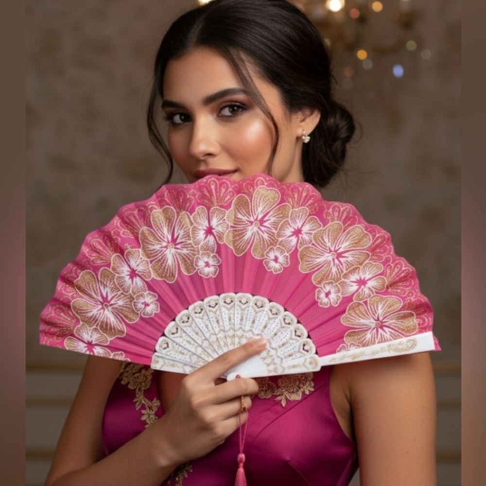 ✨NEW Elegant Pink and Gold Glitter Floral Hand Fan 🪭 9”